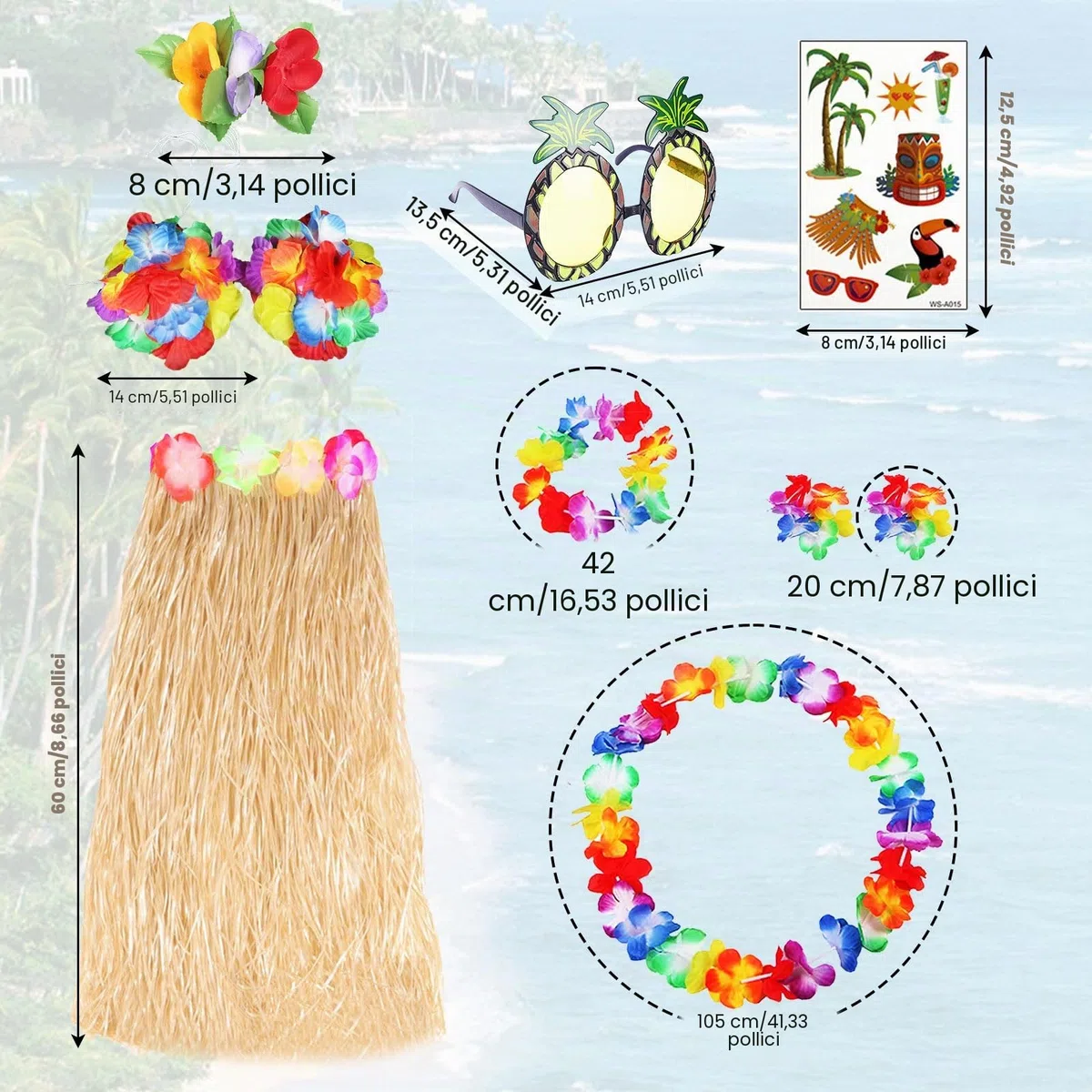 FUIPVGI Set di 9 pezzi con gonna hawaiana Leis Hula, ghirlande hawaiane, gonna hawaiana da donna, top bikini con fiori, per adulti, per travestimento estivo, spiaggia, notte, bar, feste tropicali