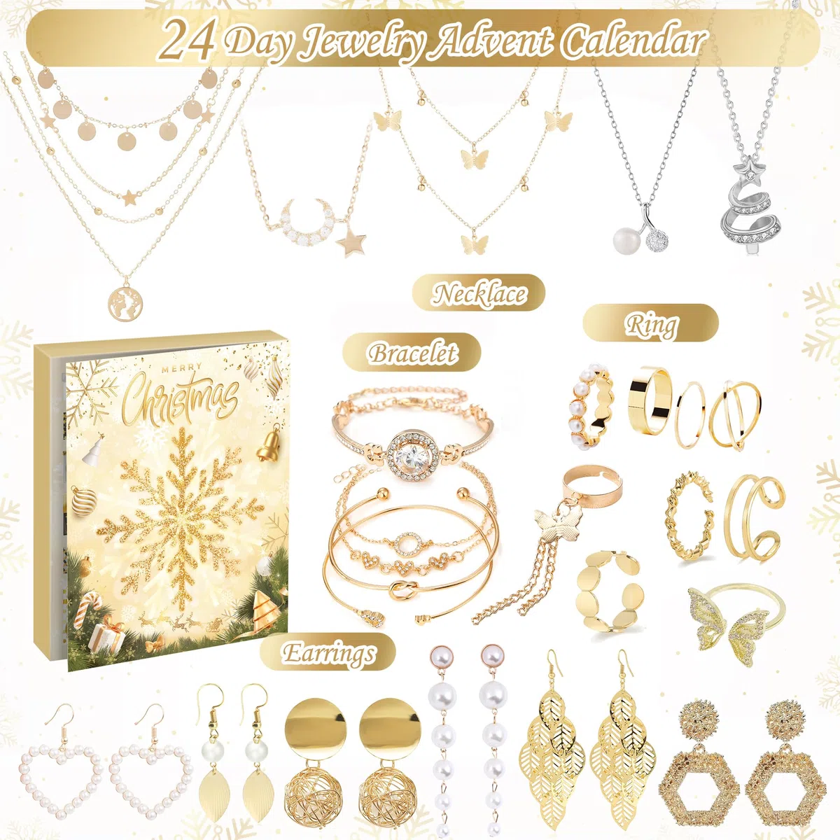 Calendario dell'Avvento Gioielli 2025, 24 sorprese con bracciali, collane e orecchini, set di gioielli da donna, regalo di Natale per donne, ragazze, adolescenti, bambini (oro)