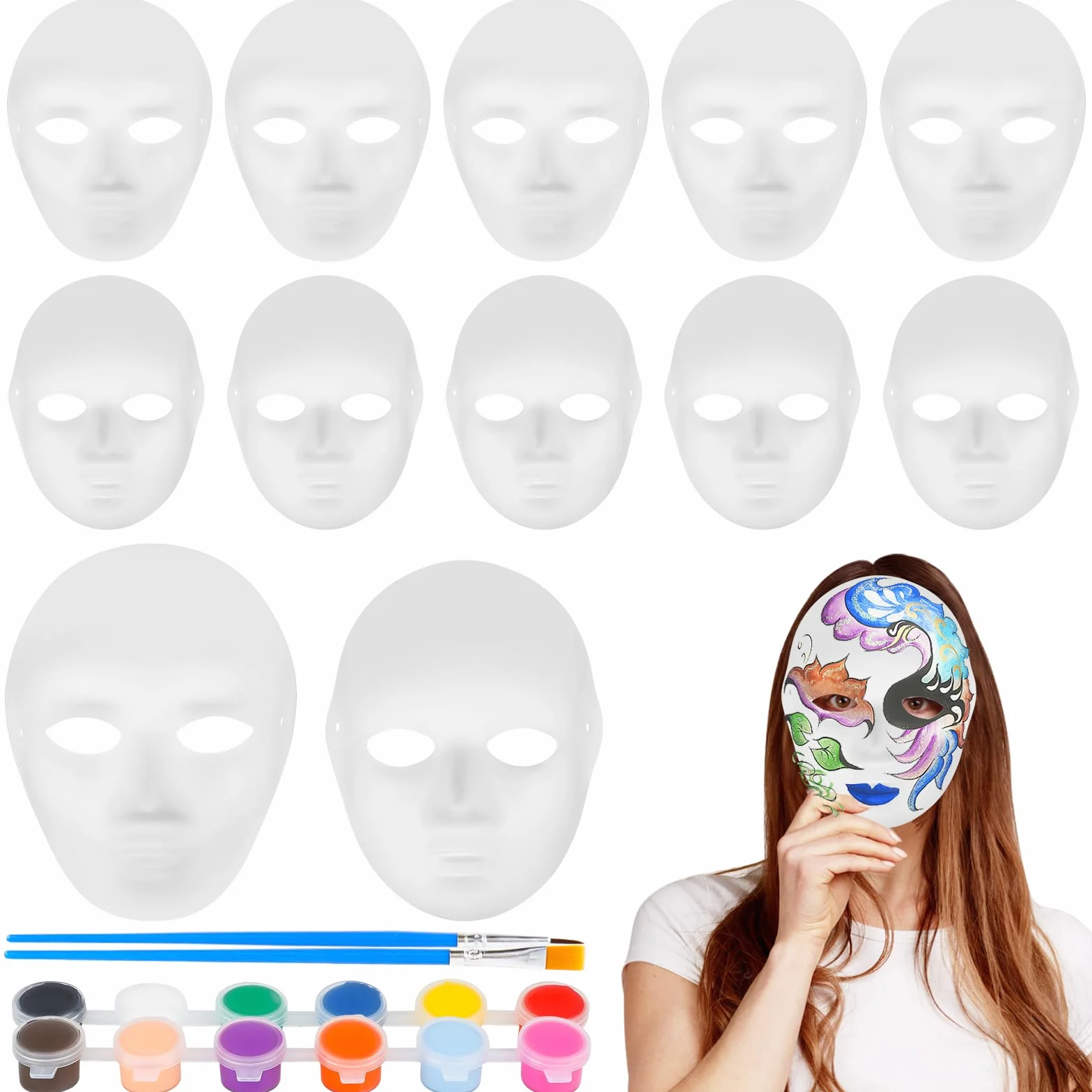 12 Pezzi Maschera Bianca Fai da te Maschere da Dipingere Maschere di Carta con Colori e Pennelli, Maschere di Carta Verniciabili per Carnevale, Cosplay, Halloween Party