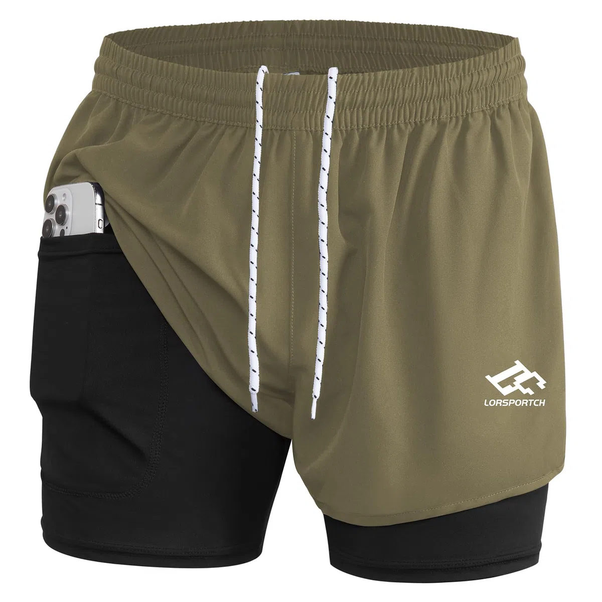 Pantaloncini da corsa da uomo, 2 in 1, per palestra, atletica, per attività all'aperto, maratona, allenamento, con tasche integrate, Verde/con passante per asciugamani, L