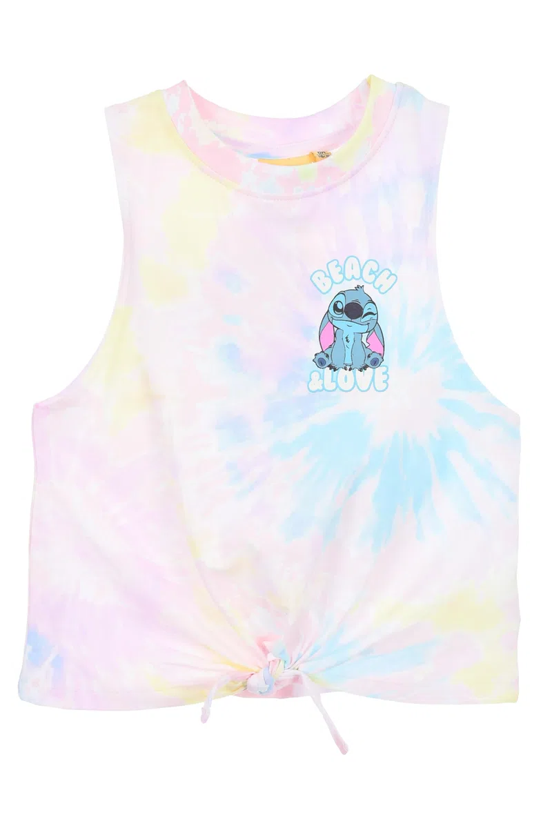 Disney Store Canotta Tie Dye per Bambine con Stitch, Senza Maniche con Nodo, 100% Cotone, Multicolore Arcobaleno, Beach & Love (Rosa, IT, età, 6 Anni)