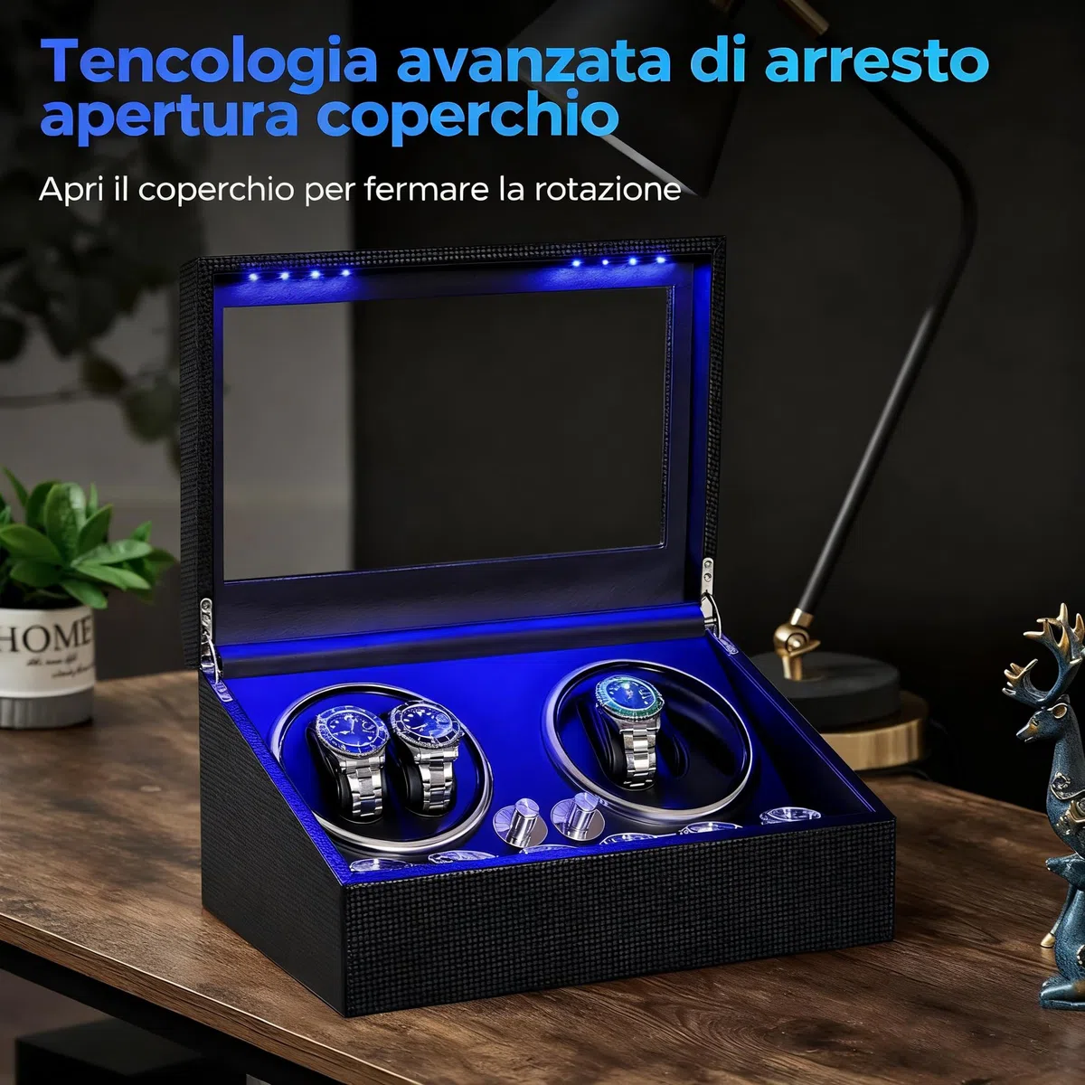 ANWBROAD JWW002F - Caricatore per orologi automatici, 4 modalità di rotazione, USB, 4 rotatori per orologi e 6 scomparti extra, con motore super silenzioso e retroilluminazione a LED, in fibra di