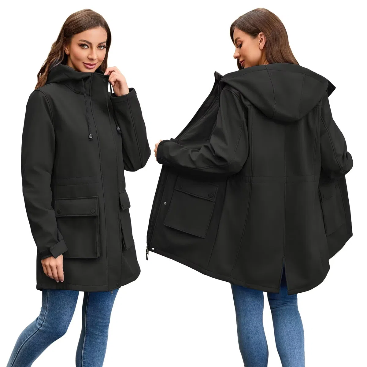 Chiguo Giacca softshell impermeabile da donna Cappotti caldi con cappuccio a vento funzionale lungo da esterno per l'inverno