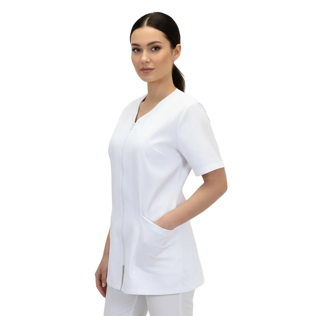 Petersabitidalavoro Casacca, Camici da Lavoro Donna con Zip,Bianco,Cotone, Estetista,parrucchiera, MAESTRA Asilo,Alimentari