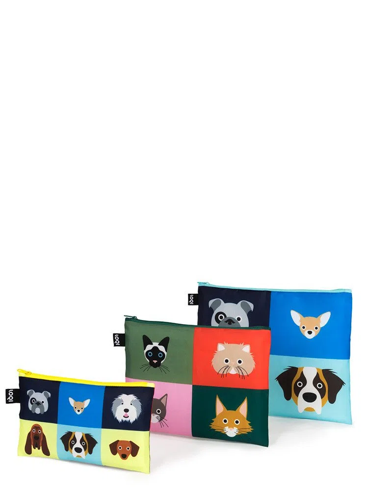 LOQI Artist Stephen Cheetham Dogs & Cats Zip Pockets Porta carta di identità, 32 cm, Multicolore (Multicolour), 3 Pezzi