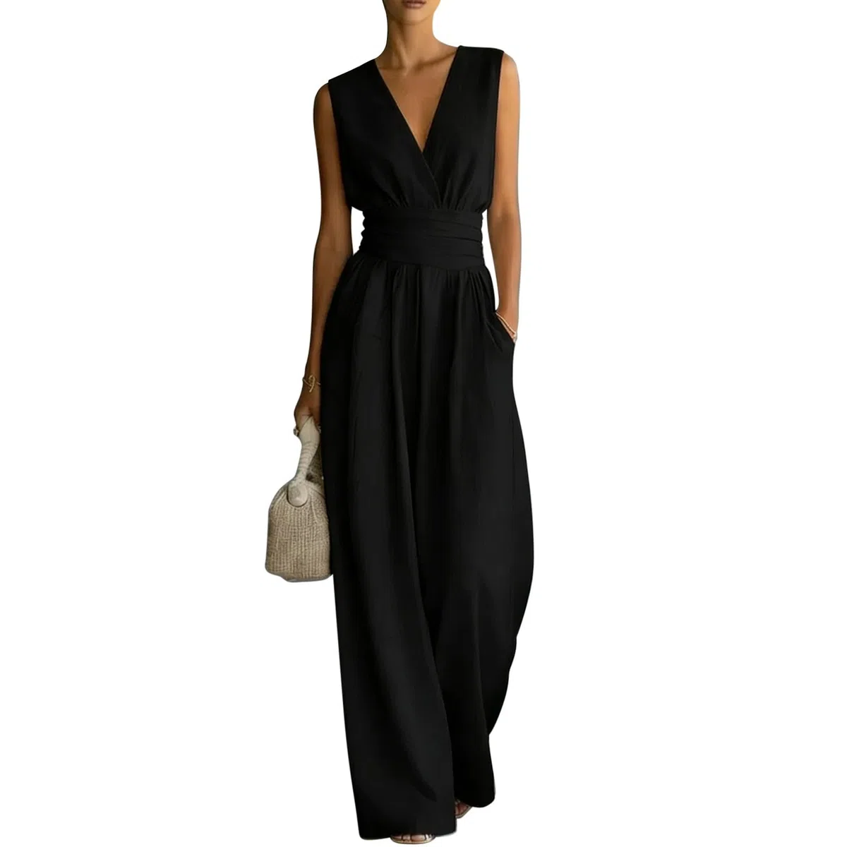 Tuta Elegante Donna Cerimonia Intera, Jumpsuit Lunga Curvy Senza Maniche Scollo a V, Salopette Estiva Pantaloni Larghi Slim Fit con Tasche, Overalls Casual Cocktail, Jumpsuits Festa Da Sera