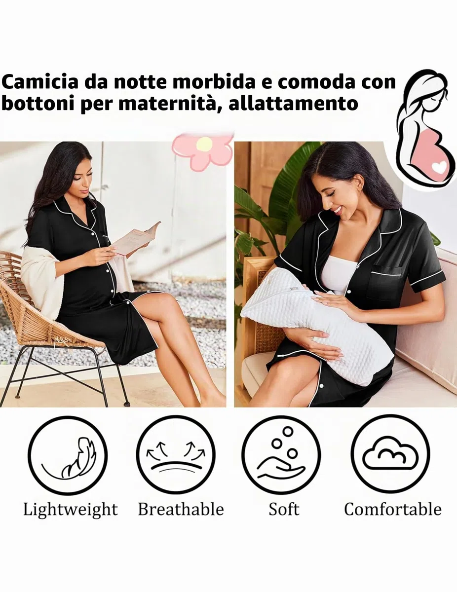 Ekouaer Camicia da Notte Donna Manica Corta Super Morbido e Leggero Bottone Scollo a V Classico Stile Boyfriend con Taschino sul Petto S-XXL