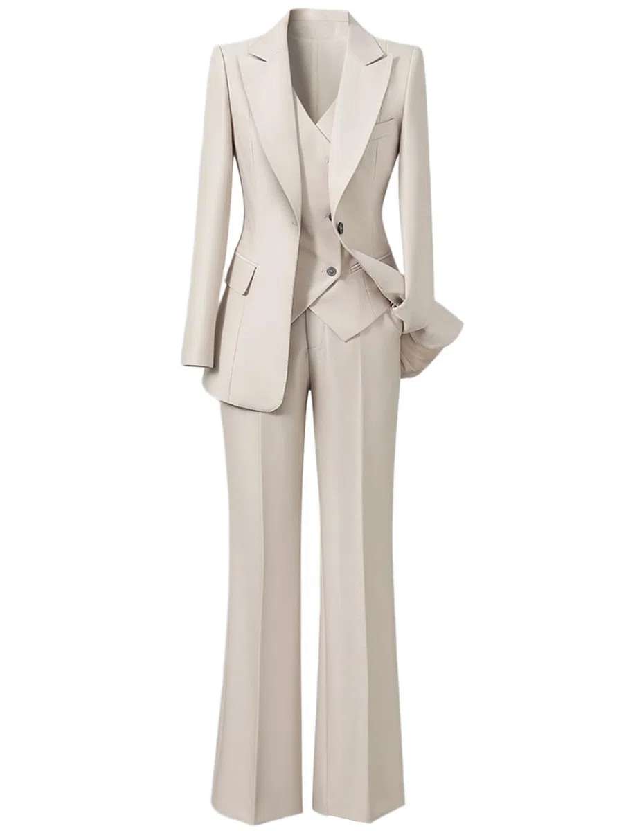 Donna Abito Tre Pezzi Giacca a Un Bottone Gilet a Doppio Petto Pantaloni da Smoking Business Casual