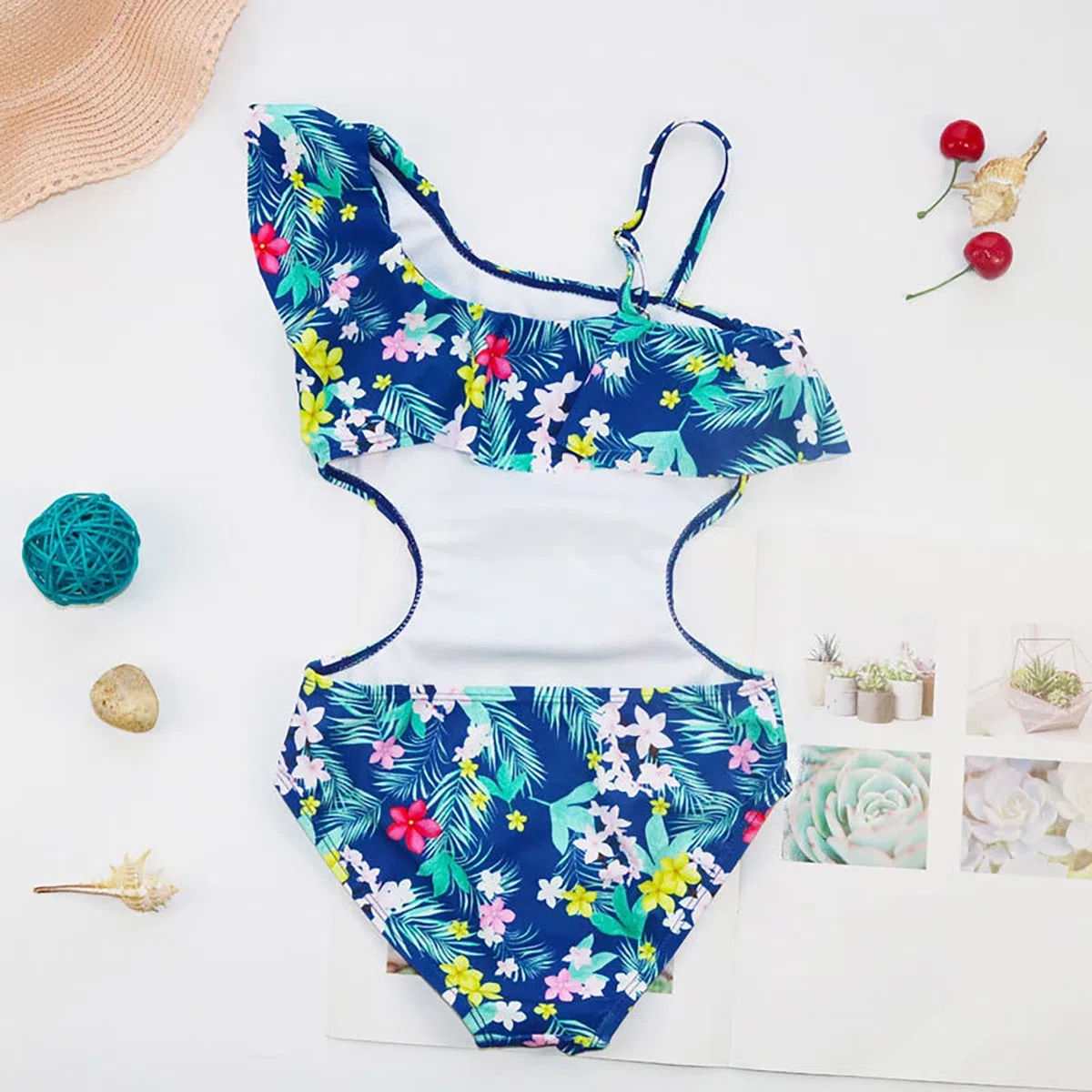 Generico Costume da Bagno Intero Bambina 4-15 Anni Piscina Costume Intero Bambina Nuoto Cut out Monospalla Floreale Costumi da Bagno Interi Mare Volant Schiena Scoperta Monokini Sportivo Spiaggia
