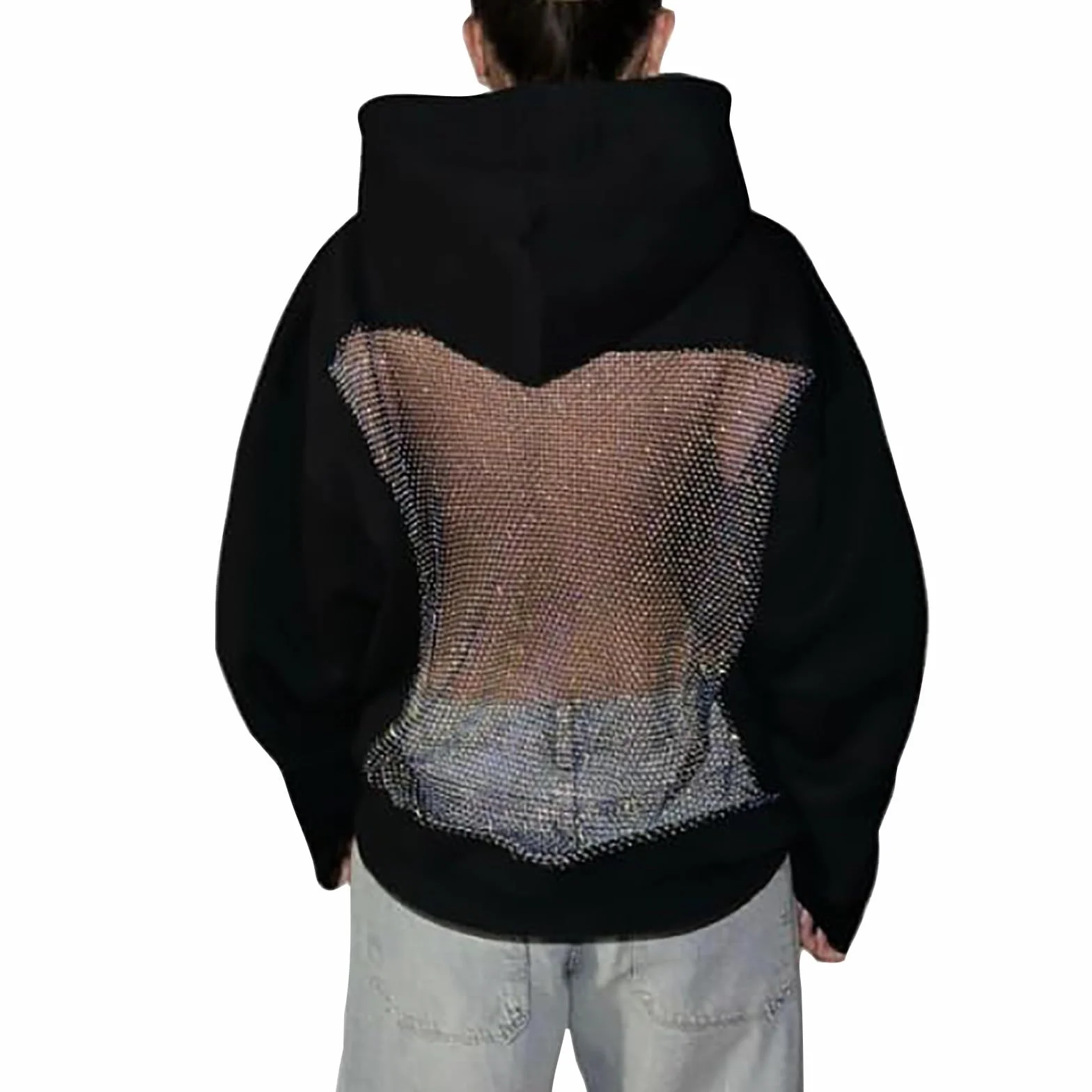 Felpa Con Cappuccio Da Donna Con Dettaglio Posteriore In Rete, Pullover A Maniche Lunghe Con Fascia Integrata, Felpe Con Cappuccio Da Donna, Sexy, Trasparente, Con Dettagli Sulla Schiena Scintillanti