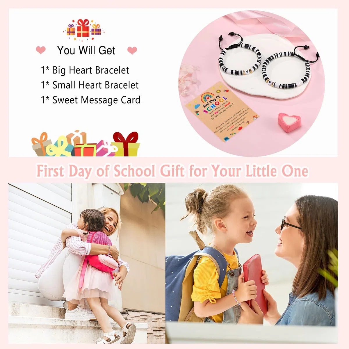 WATEFOER Ritorno A Scuola Bracciale Regalo Braccialetto Madre Figlia Primo Giorno Di Scuola Regali Per Ragazze Ragazzi Bracciale Set Di Braccialetti Con Charm Abbinati (Nero e bianco)