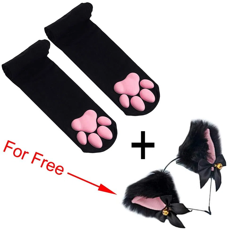 Calze alte alla coscia, calze rosa con artigli di gattino 3D Calzini con zampa di gatto carino per ragazze Donne Cat Cosplay