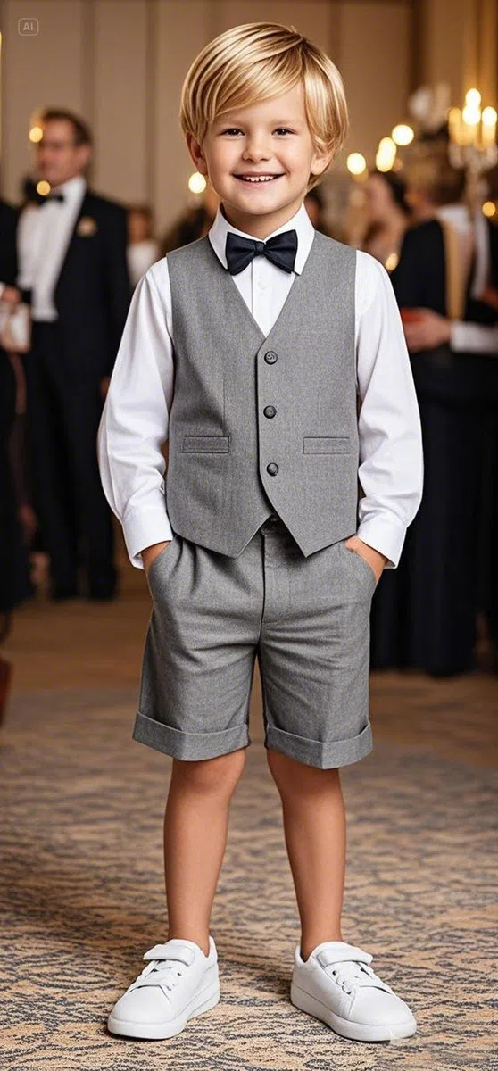 Set da smoking per bambini in lino, 2 pezzi, con gilet e pantaloni corti, per l'estate, spiaggia, matrimonio, per bambini
