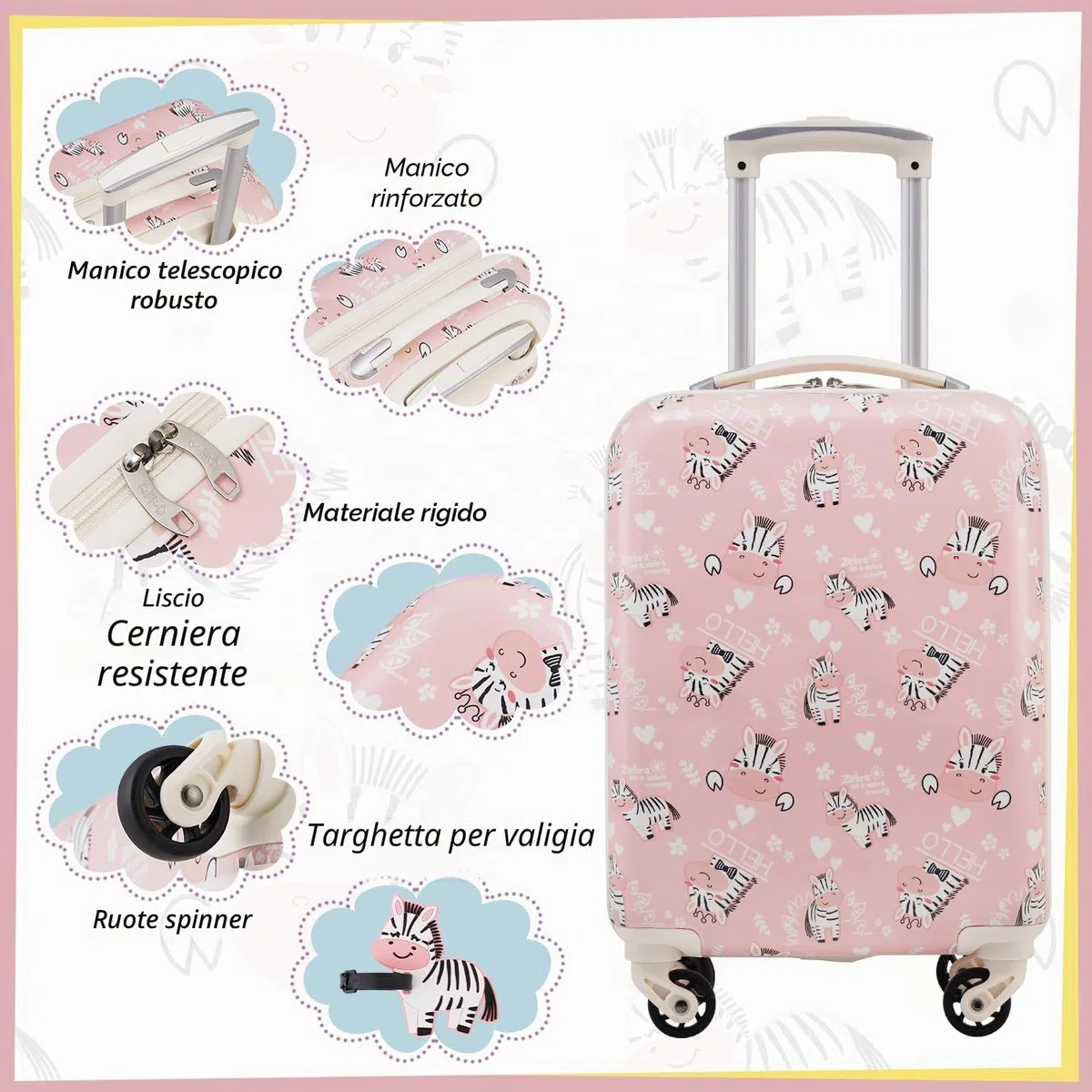 COOLIFE Set di bagagli per bambini, 5 pezzi, 16 pollici, bagaglio a mano, guscio rigido, spinner, bagagli per bambini, bagaglio da viaggio, per ragazze e ragazzi, zebra, Koffer-Set 5-tlg, Set di
