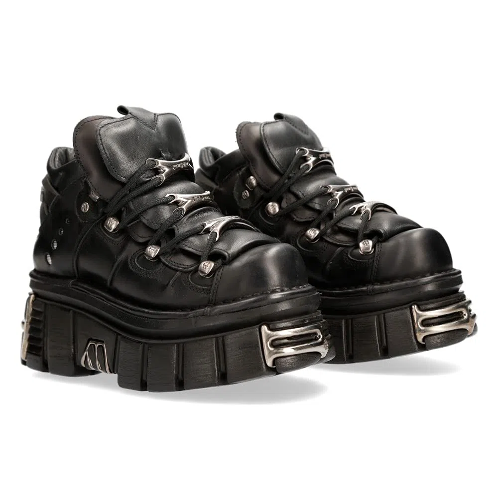 New Rock - Metallic Urban Black Shoes M.106-S112, Scarpe da uomo nere con piattaforma e decorazioni metalliche