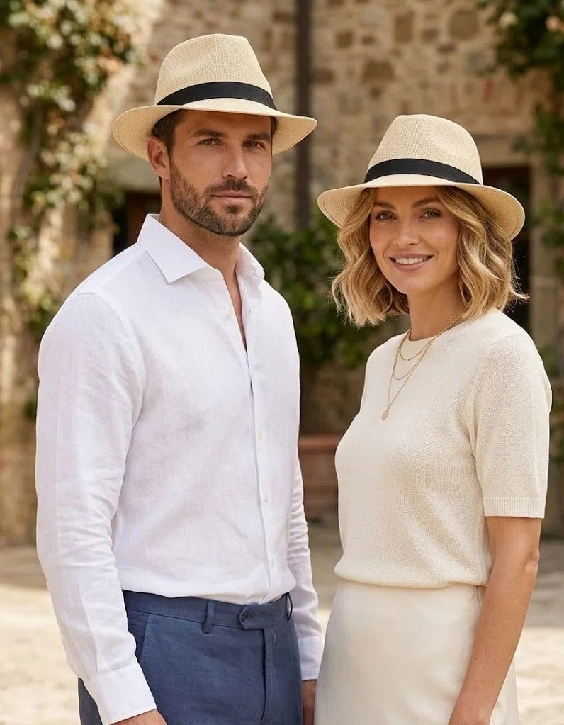 Cappello Panama Estivo Unisex in Paglia Leggera con Nastro Nero, Cappello da Sole Traspirante per Mare, Spiaggia e Viaggi, Stile Fedora Casual Regolabile - Beige V004