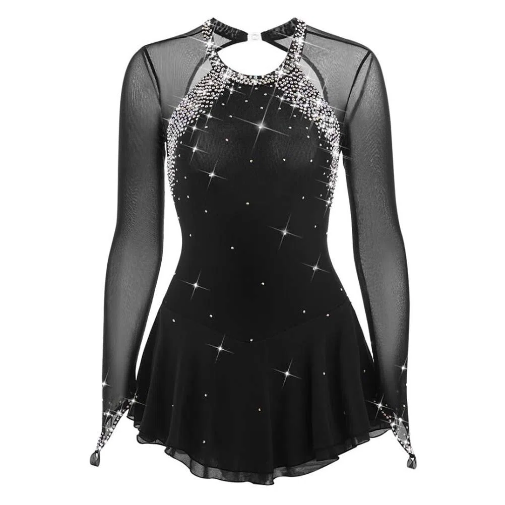 Abito Classico da Gara di Pattinaggio sul Ghiaccio per Ragazze Body per Ginnastica Ritmica Girocollo con Strass Costume da Pattinaggio Artistico sul Ghiaccio Maniche Lunghe