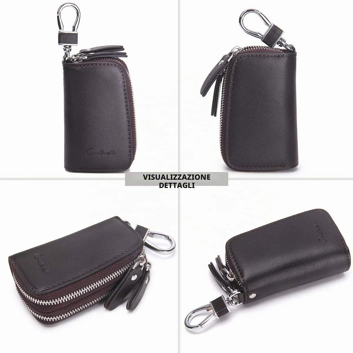 Contacts Portachiavi in pelle, unisex, grande, con 2 zip, in pelle, a portafoglio, per chiavi dell'auto
