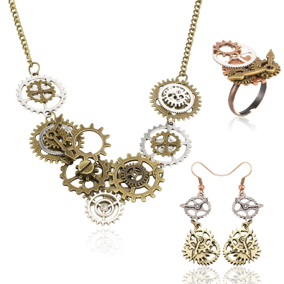 HOWAF Set di Gioielli Steampunk - 3 Pezzi Accessori Donna, Ingranaggi Charms Collana Orecchini Anello per Donne Ragazze Costume Punk