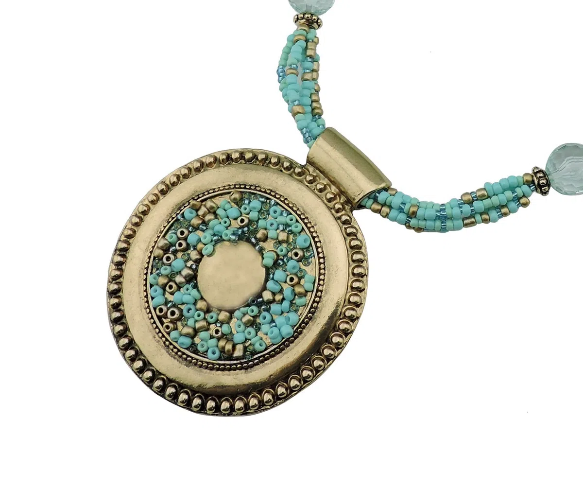 BOCAR - collana esclusiva con perline color acquamarina, vistosa, con ciondolo, stile antico, dorata (NK-10343)