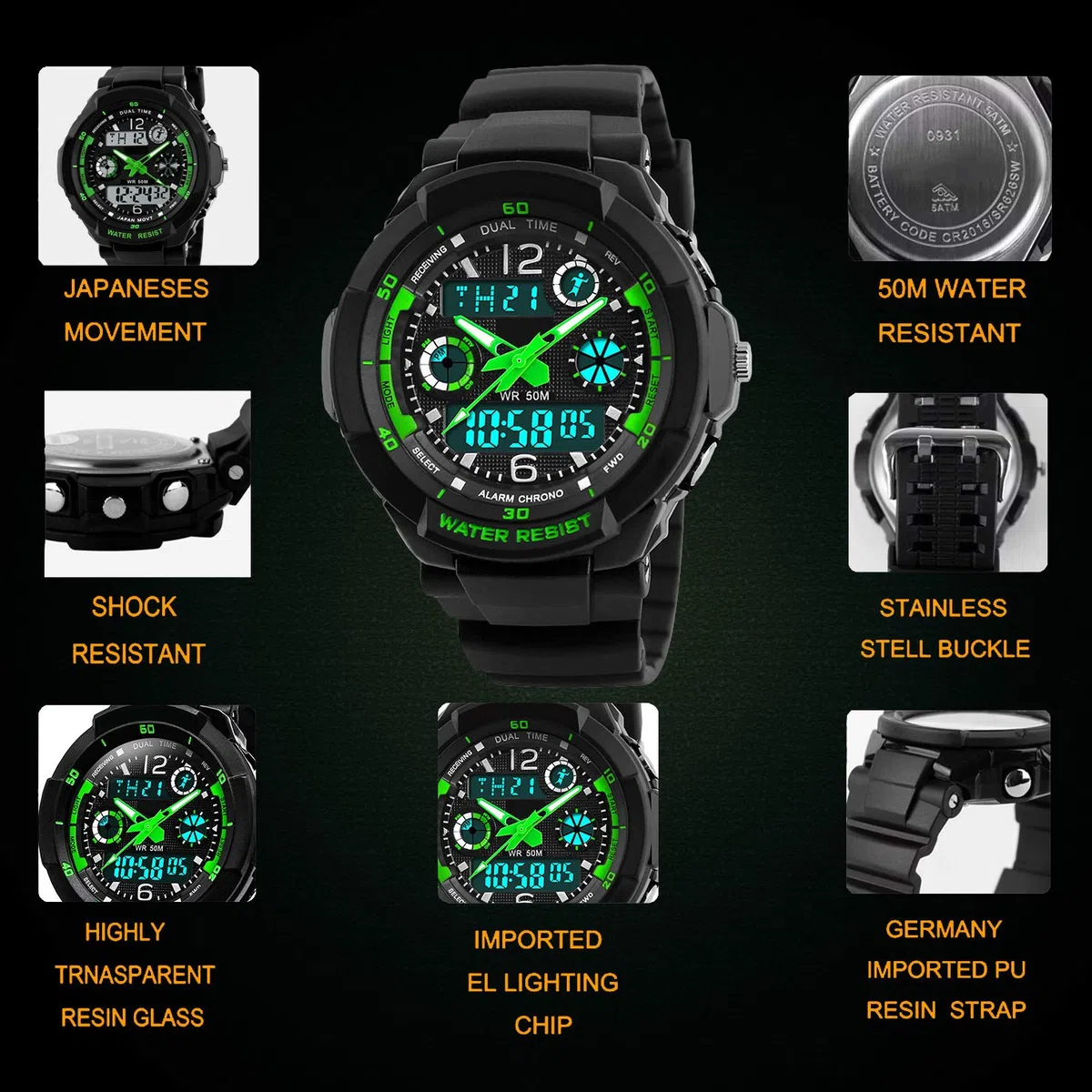 Digitale orologi per bambini ragazzi - 50 m impermeabile sport all' aria aperta orologio analogico con allarme/timer/Dual Time zone/LED, per bambini da polso resistente agli urti per Junio