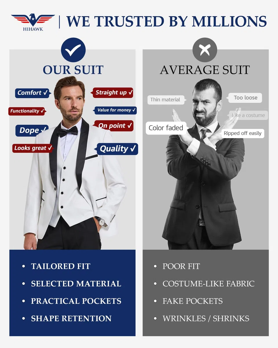 Hihawk Set da smoking da uomo in 3 pezzi con papillon, scialle con bottone e risvolto, giacca e pantaloni, vestibilità aderente, per feste, matrimoni, balli di fine anno