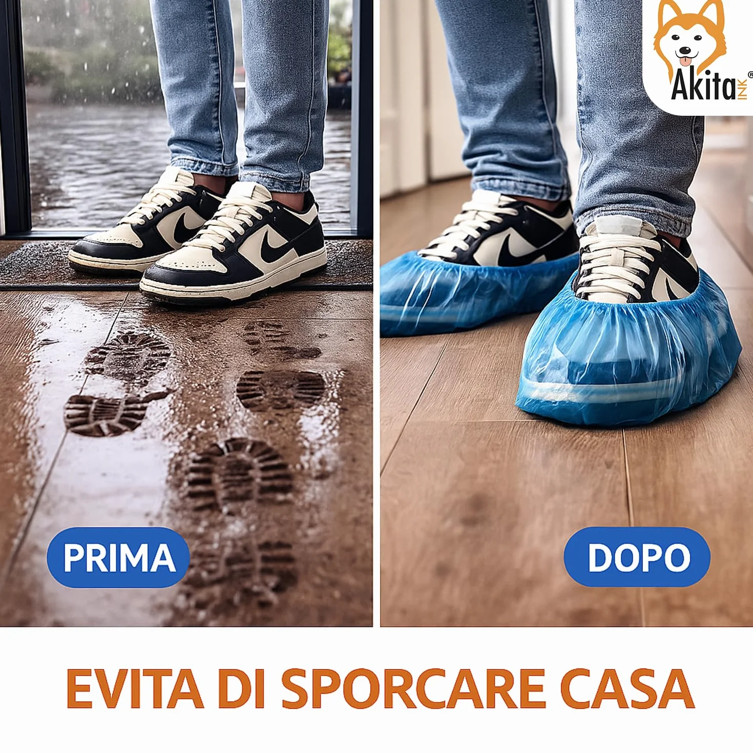 AKITAInk 100 Copriscarpe Monouso Resistenti | CPE, Impermeabili, Blu, Fondo Goffrato, Taglia Unica Fino al 48, DPI Dispositivi di Protezione Individuale per Pulizia, Cliniche, SPA, Giardinaggio
