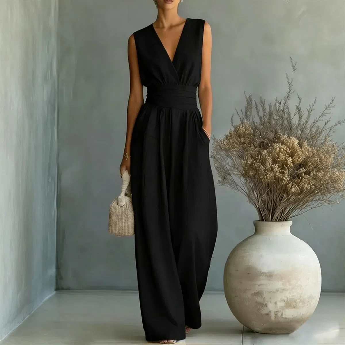 Tuta Elegante Donna Cerimonia Intera, Jumpsuit Lunga Curvy Senza Maniche Scollo a V, Salopette Estiva Pantaloni Larghi Slim Fit con Tasche, Overalls Casual Cocktail, Jumpsuits Festa Da Sera