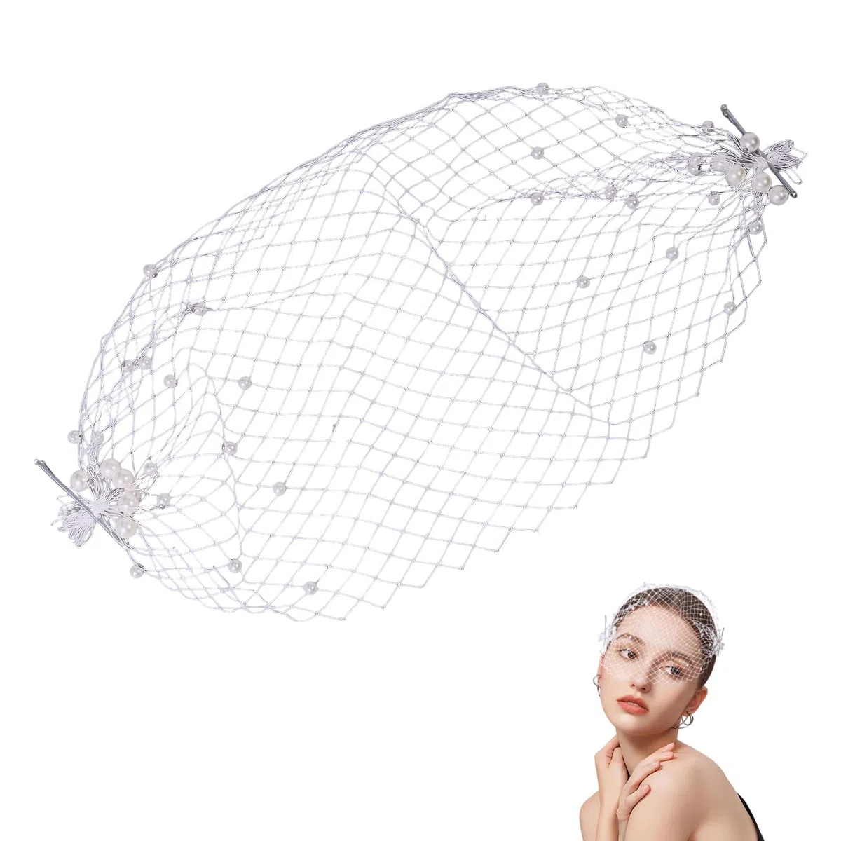 CHGCRAFT Velo per il viso a gabbia d'uccello Fasacinator perla Pizzo a rete bianco con cerchietto di perle Velo Fascinator Cappello per le donne Tea Party Dinner Party Pasqua Sposa