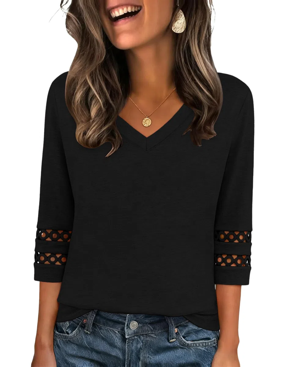 Zeagoo Camicia Donna Elegante Maniche 3/4 Camicie Scollo a V Camicetta Traforato Blusa Estive Ampia Tunica Top S-3XL