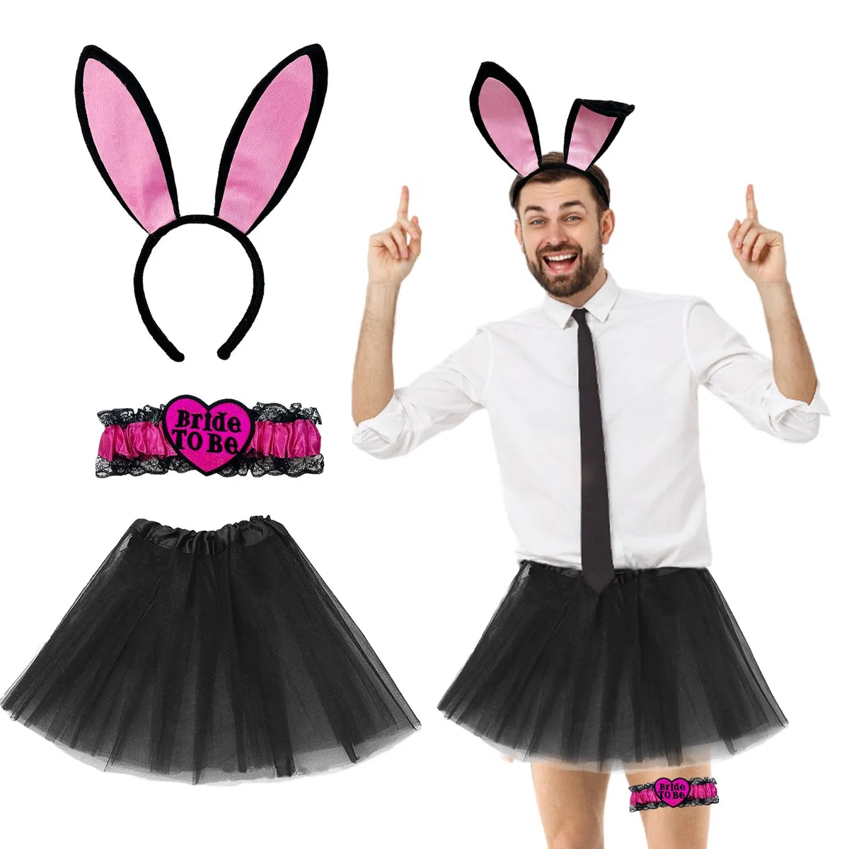 FUIPVGI JGA Outfit - Set di 3 costumi da uomo, per addio al nubilato, tutù, orecchie da coniglio, giarrettiera per addio al celibato, feste di nozze, accessori per feste JGA (nero)