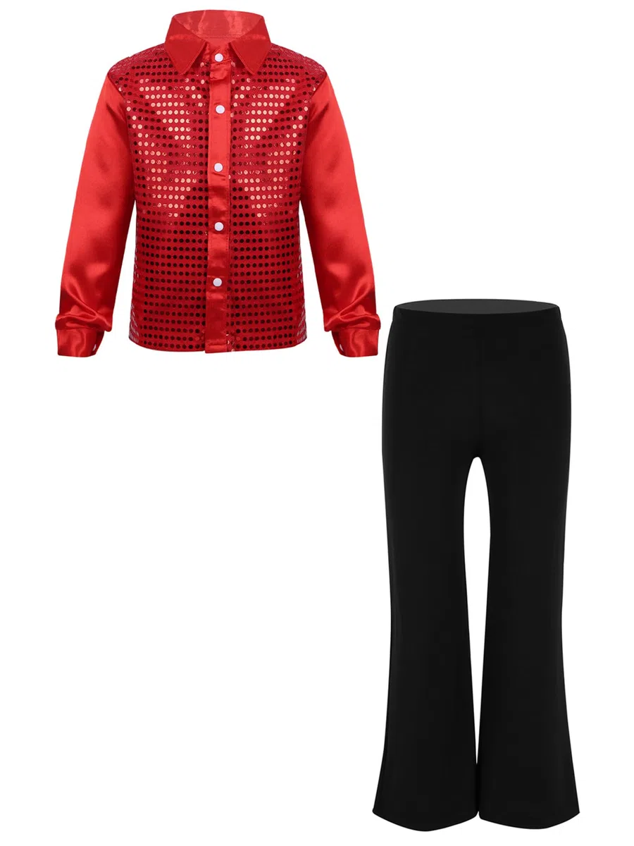 inlzdz Completi Hip Hop Jazz per Bambini Paillettes Button Down Camicia da Danza Classica T-Shirt + Pantalone per Ballo da Sala Danza Standard Latino Americano