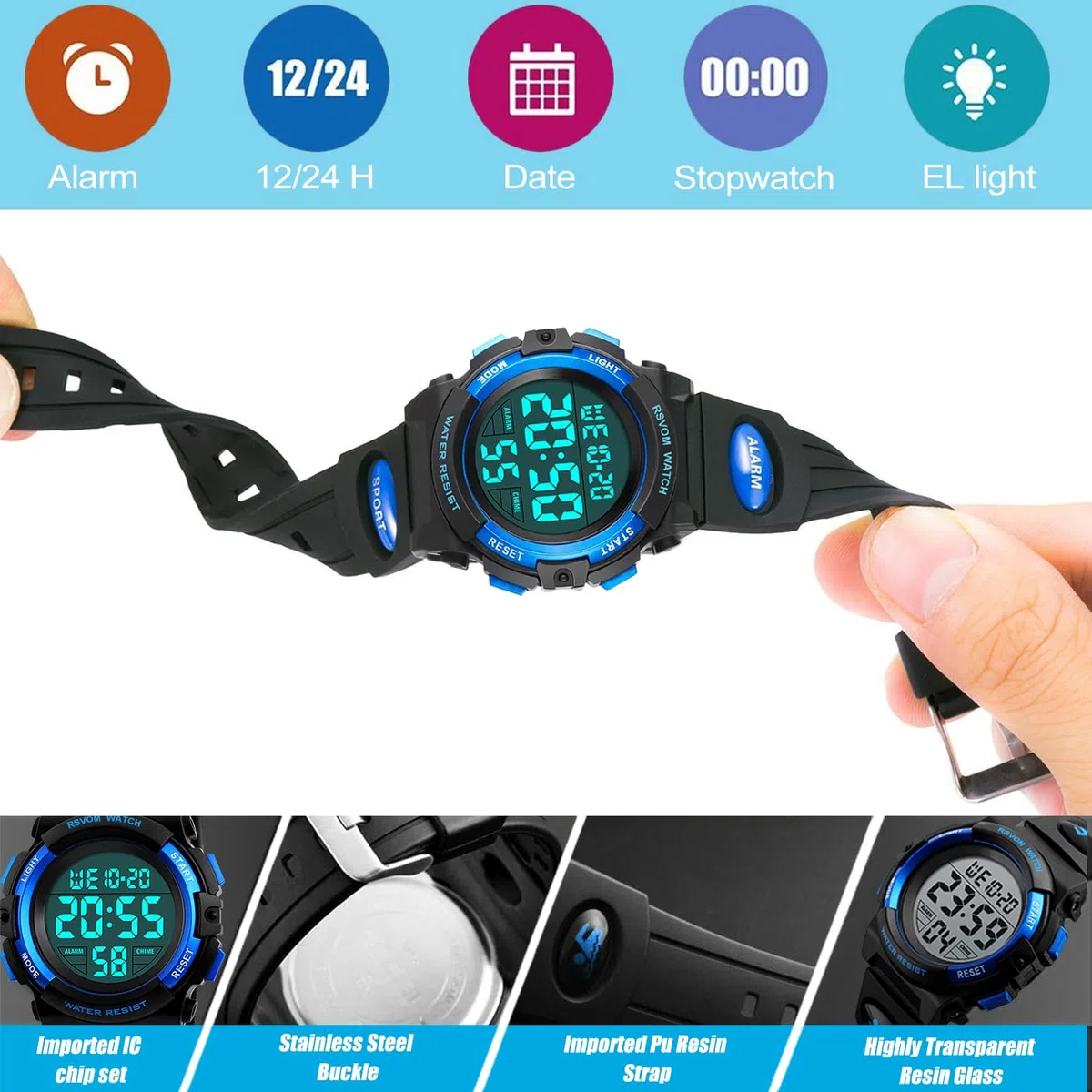 Orologio digitale per bambini e ragazzi, impermeabile, per attività all'aperto, sportivo, con sveglia/cronometro, orologio digitale per bambini per regali di compleanno/regali blu, S, cinturino