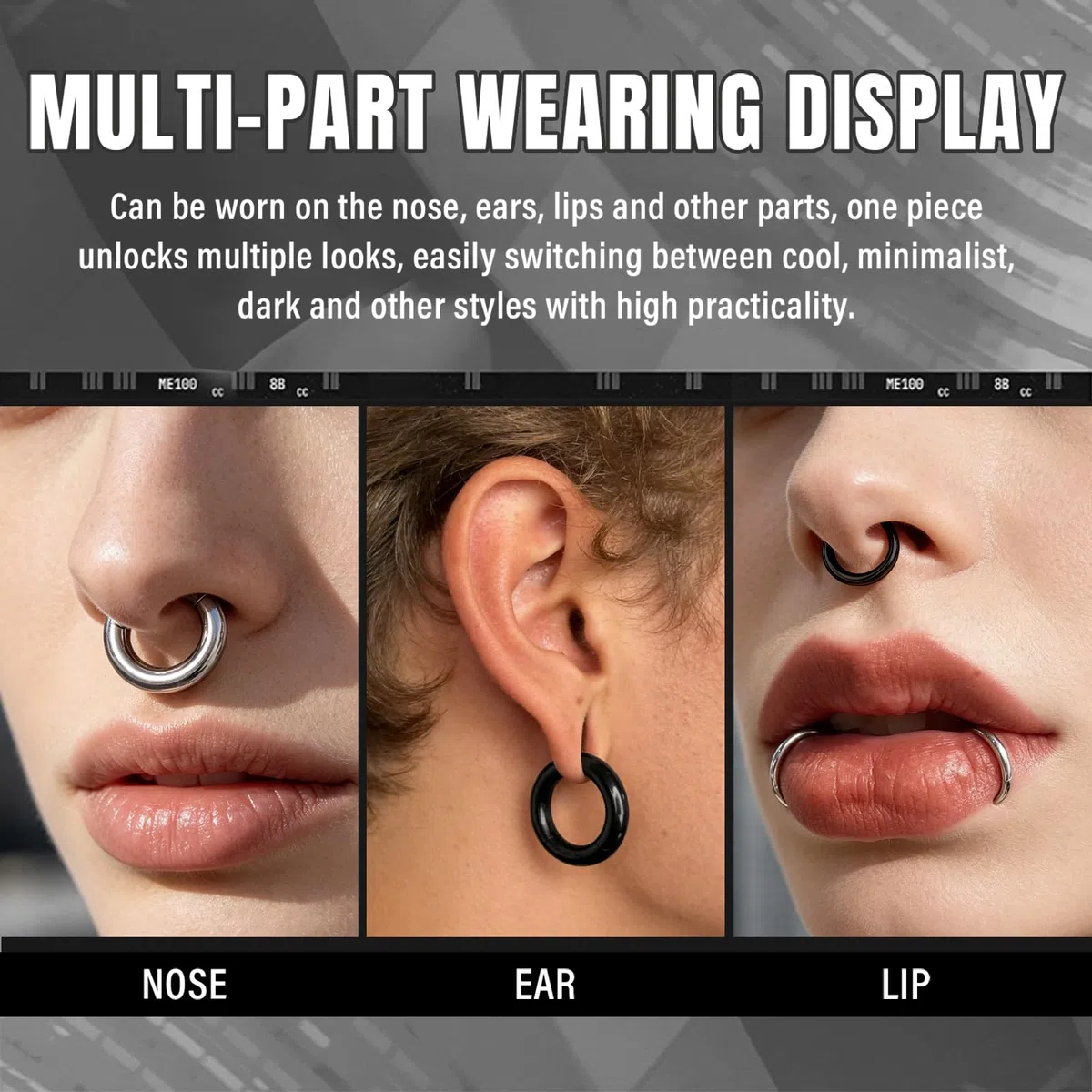 F136 Piercing nasale in titanio per setto nasale, 2G 4G 6G 8G 10G 12G Grande Clicker Piercing orecchio Helix cerchio, nero