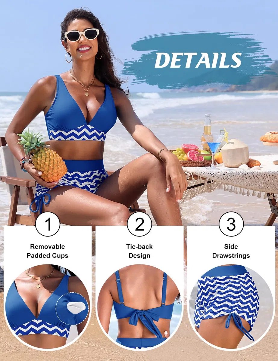 Svanco Costume Donna Due Pezzi Bikini a Pantaloncino con Disegno a Vague Costumi da Bagno Imbottito Curvy, Abbigliamento Mare Spiaggia