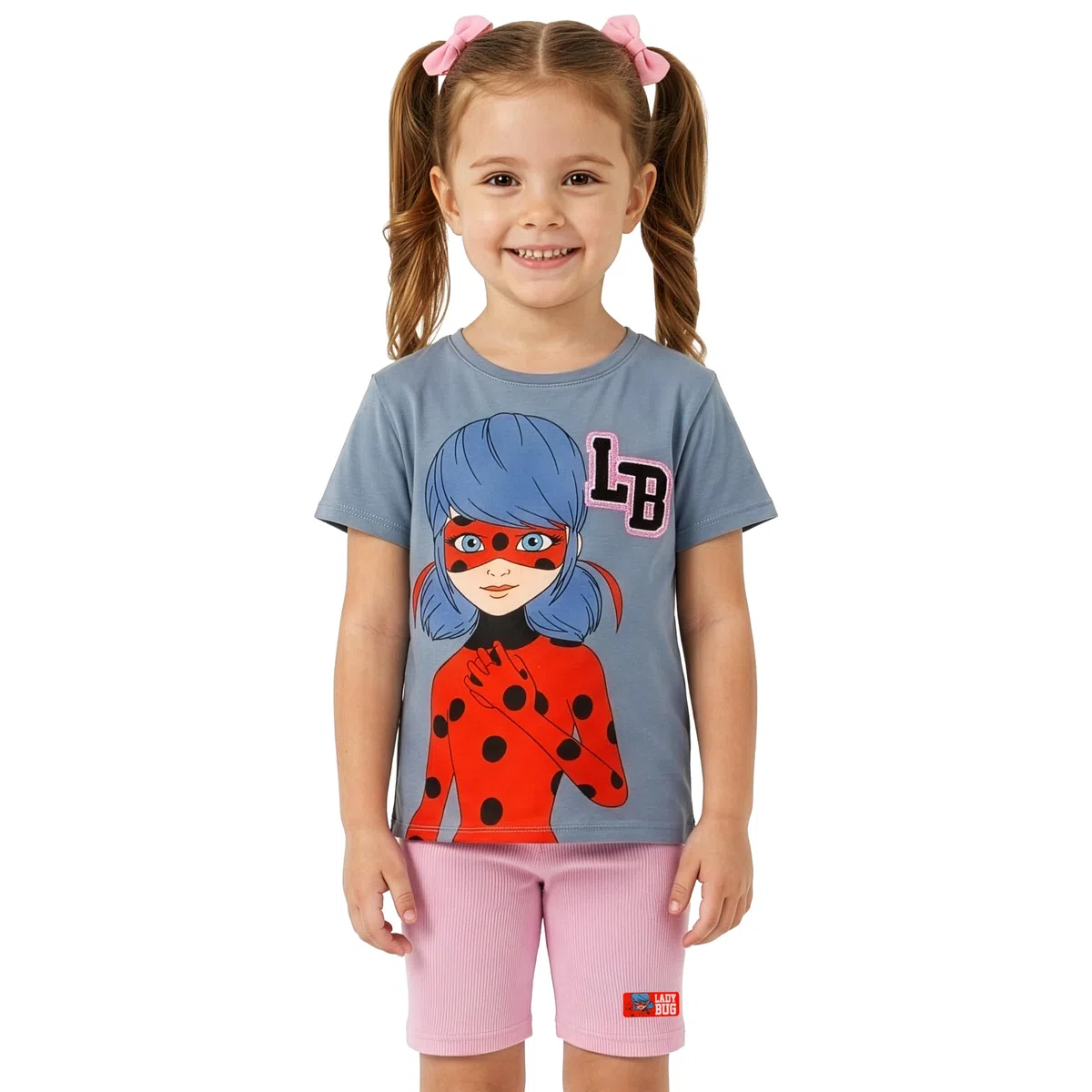 Miraculous T Shirt Bambina e Pantaloncini Ragazza, Completo 2 Pezzi Ladybug con Dettaglio Glitter, Abbigliamento Bambina Estivo