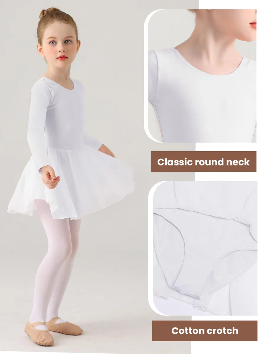 Ragazza Vestito da Balletto Vestito Danza Tutu Body Ginnastica Cotone Manica Lunga con Chiffon Gonna Adatto all'età 2-11 Anni