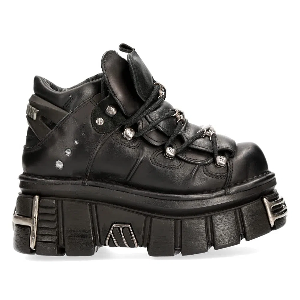 New Rock - Metallic Urban Black Shoes M.106-S112, Scarpe da uomo nere con piattaforma e decorazioni metalliche