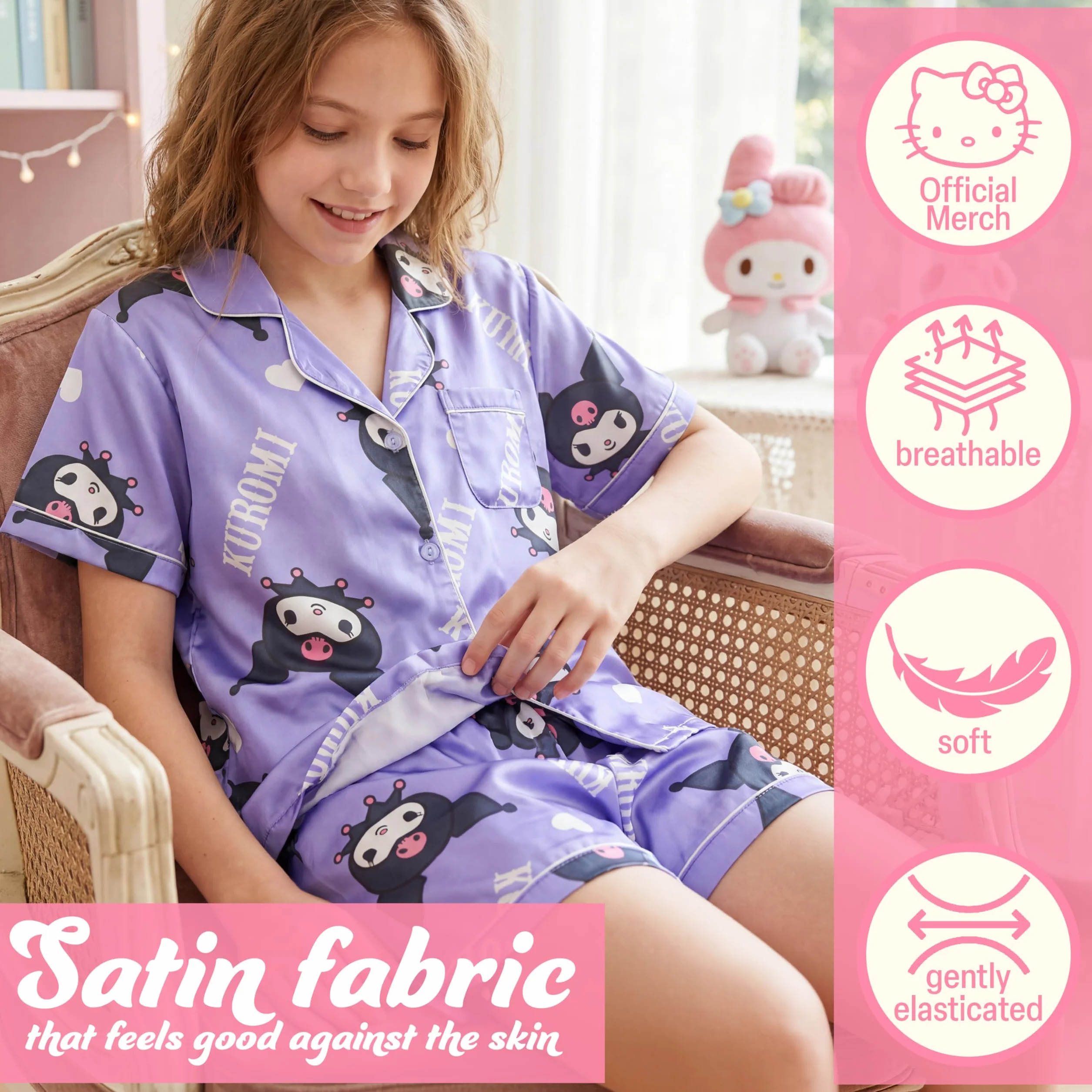 Get Trend Hello Kitty Kuromi Cinnamoroll | Pusheen Pigiama Corto Bambina, Set Pigiami con Maglietta Corta Ragazza e Pantalone, Regali Bambina