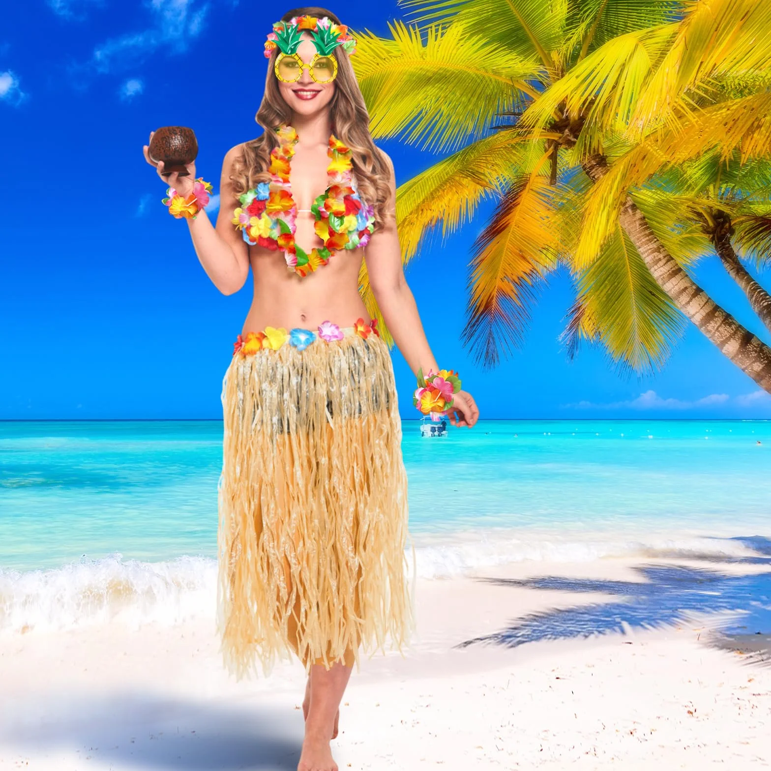 6 decorazioni hawaiane Leis per feste, collane con fiori, bracciali, fascia per capelli, occhiali da ananas, gonna hawaiana per adulti, travestimento per feste in spiaggia, feste notturne e