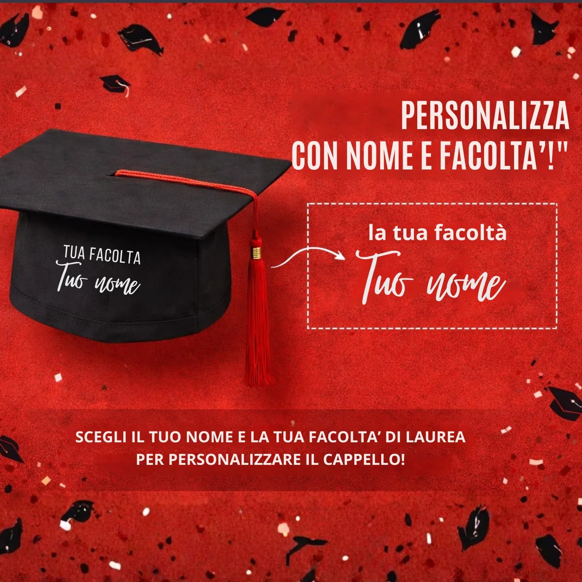 D&Vlab Tocco Cappello Festa di Laurea per Uomo Donna con Nappa Personalizzato con Cognome e Facoltà - Berretto Laureato Nero e Rosso in Medicina Laureato Ingegneria