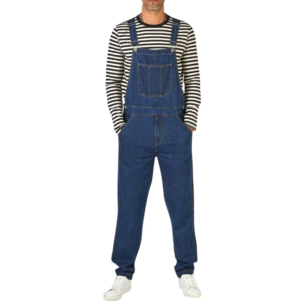 YOUTHUP Salopette da Uomo Jeans Blu Stone Washed Pantaloni Casual Allentati con Tasca da Lavoro