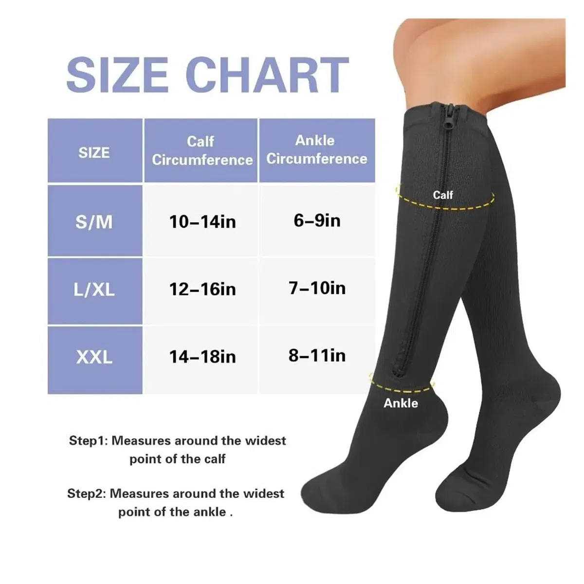 calze compressione 1 paio di calze a compressione con cerniera da donna e uomo, elastiche in nylon punta chiusa(Black,XXL)