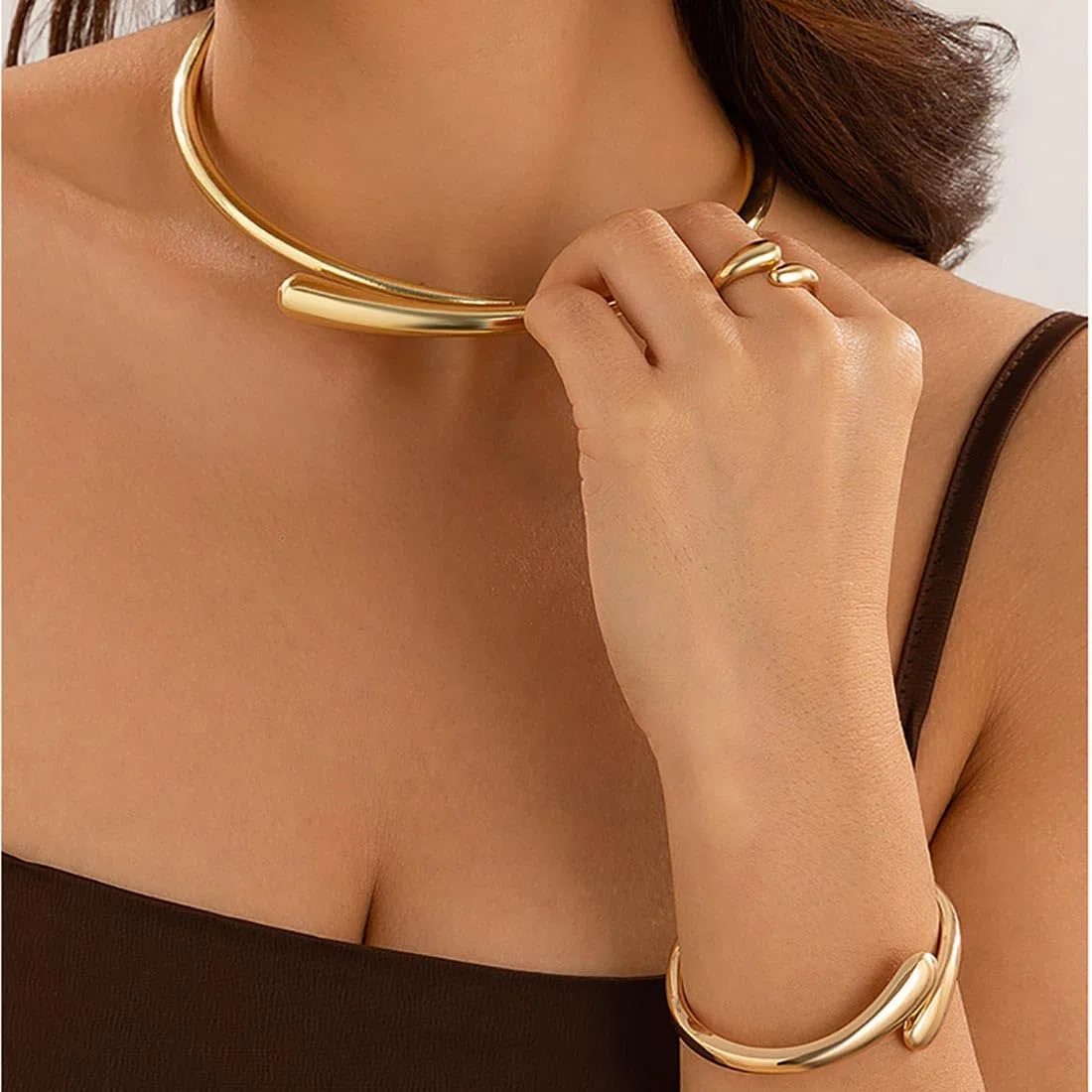 Cubahop Geometrico Metallo Choker Collane Braccialetto Anelli Set Smooth Collana Catena Gioielli Regolabili per le Donne