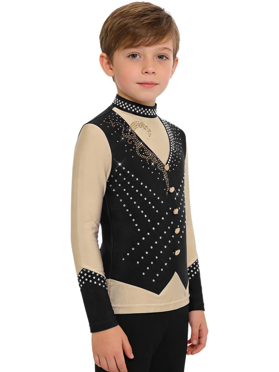 Bambino Ragazzo Top Danza Ginnastica Pattinaggio Artistico Top Maglione Camicia Manica Lunga Strass