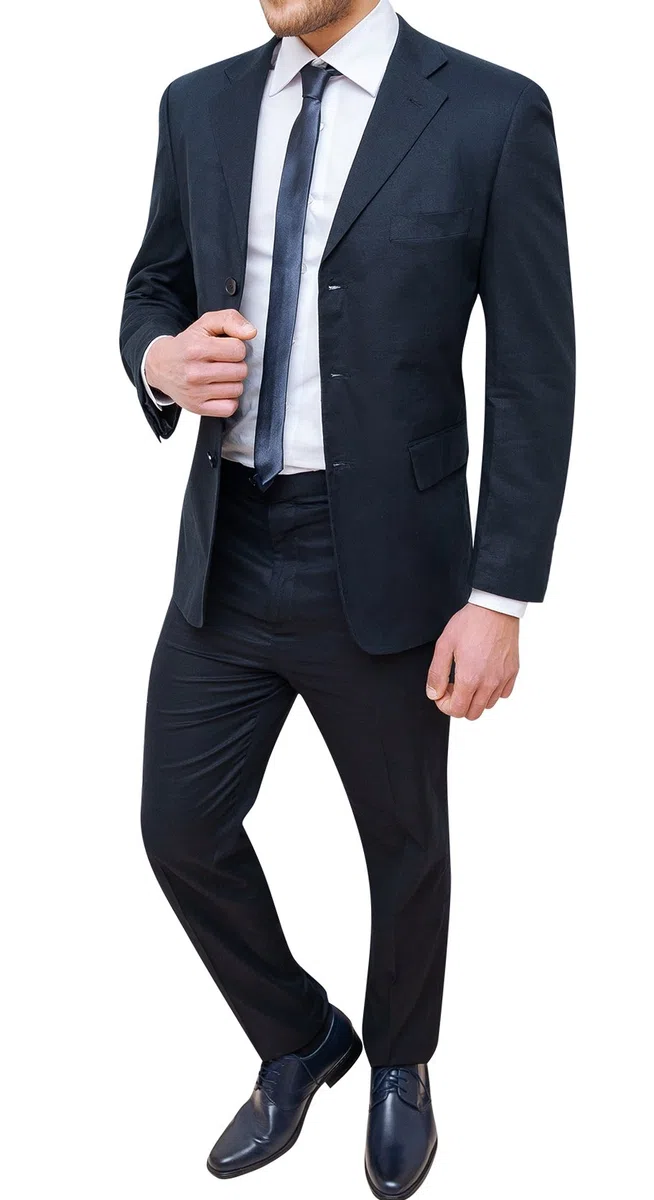 Abito Completo Uomo Sartoriale in Lino Blu Scuro Vestito Elegante Cerimonia