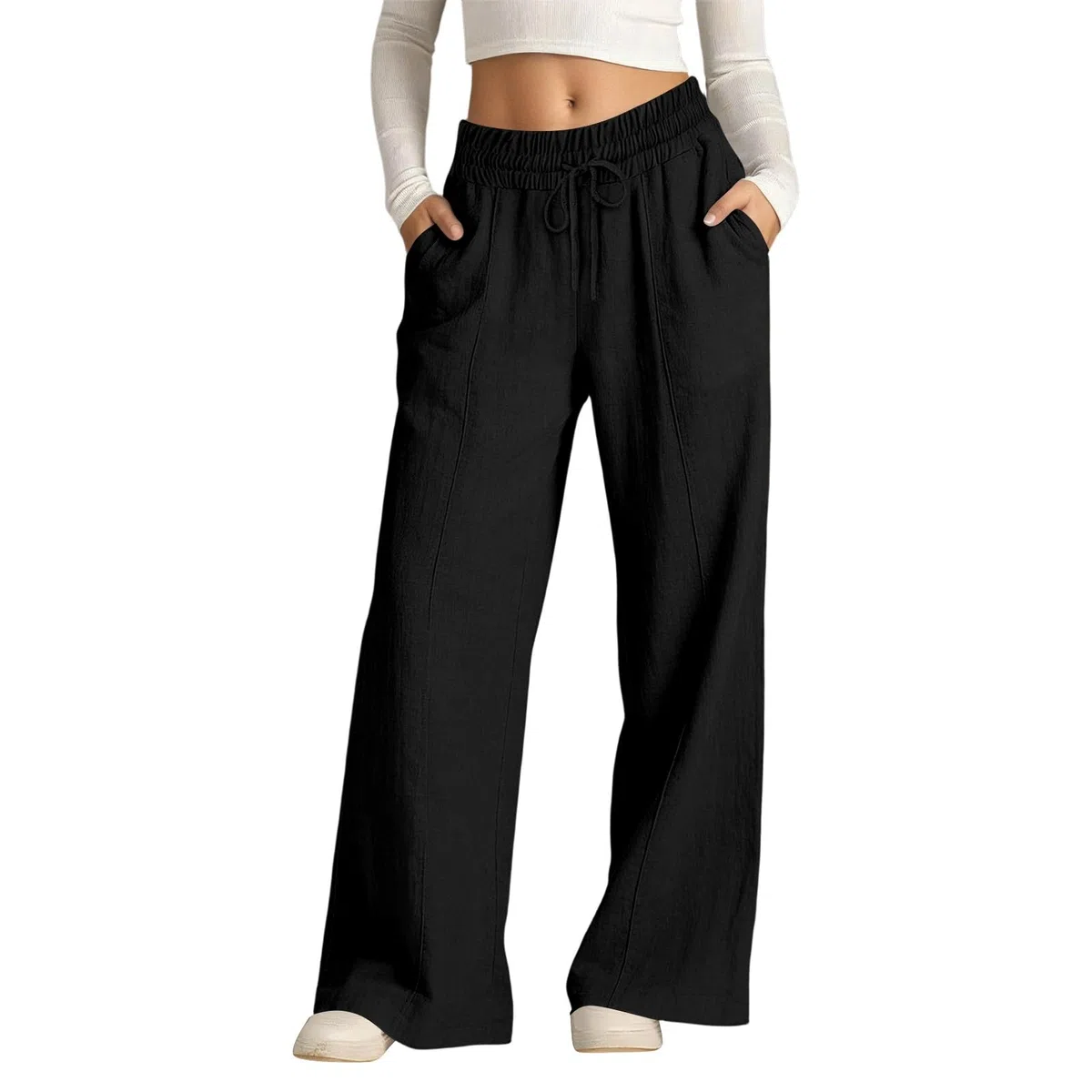 Generico Pantaloni Donna Estivi Lino Casual Leggeri Elastico in Vita Eleganti Baggy Linen Pants Pantalone da Spiaggia Lavoro Vita Alta Pantalone con Coulisse Gamba Larga S-XXL