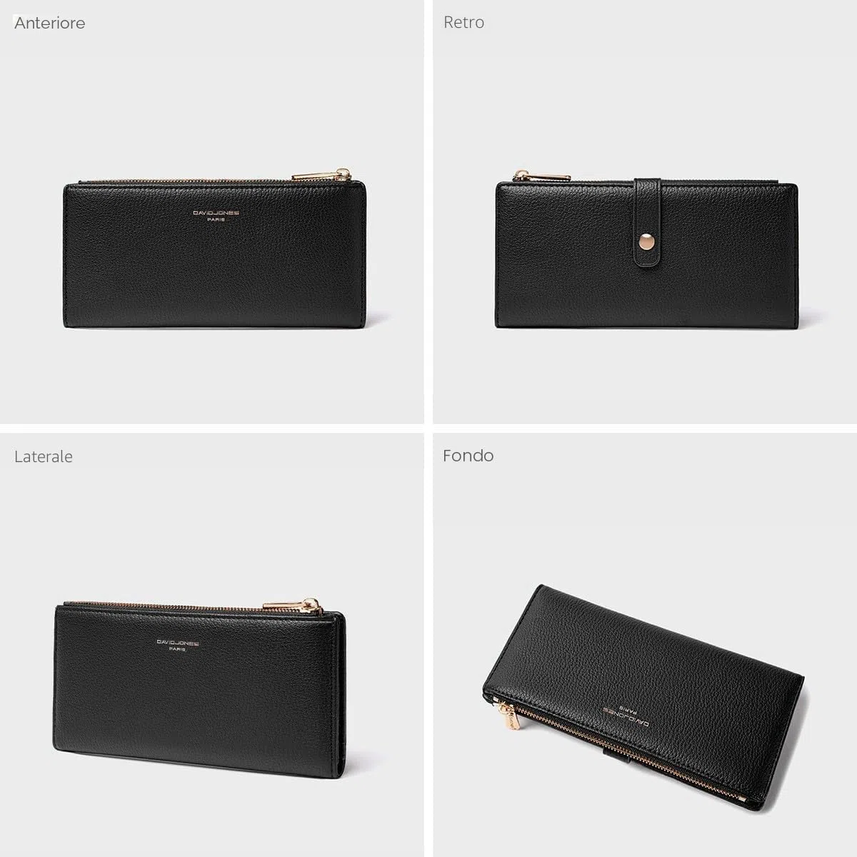 David Jones - Portafoglio Donna Compatto Simil Pelle PU - Porta Carte Lungo Portamonete Elegante - Scomparti per Banconote e Monete - Nero