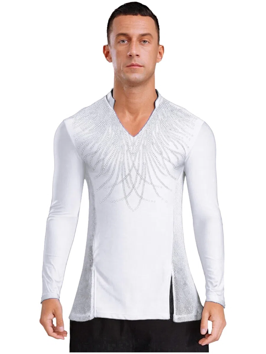 Mufeng Camicia da Ballo Latino Americano Uomo Blusa Tunica Traspirante Paillettes Maglietta da Pattinaggio Artistico Maglia Danza Classica Samba Rumba Salsa