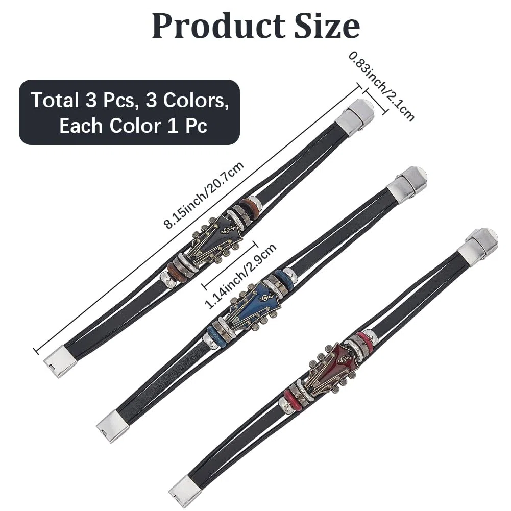 Bracciale Avvolgente in Pelle PU con Chitarra retrò, Stile Punk, Multistrato, Rock, Musica, Etnico, Tribale, Impilabile, Intrecciato, per Uomo, Regalo per Appassionati di Musica